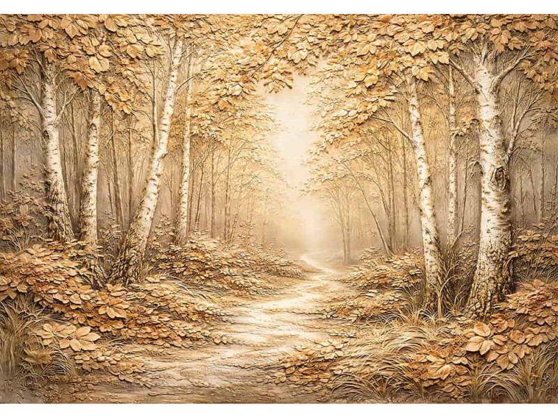 Golden Birch Forest Relief - AI Art Wall Mural for Contemporary Interiors