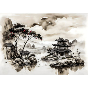 Tranquil Pagoda Reflections - AI Art Wall Mural for Contemporary Interiors Tranquil Pagoda Reflections - AI Art Wall Mural for Contemporary Interiors | Wall4Soul
