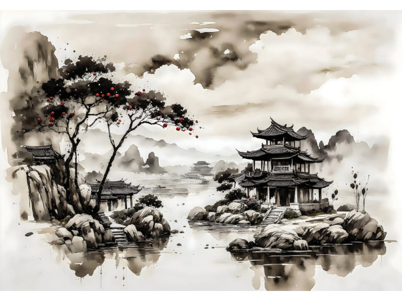 Tranquil Pagoda Reflections - AI Art Wall Mural for Contemporary Interiors Tranquil Pagoda Reflections - AI Art Wall Mural for Contemporary Interiors