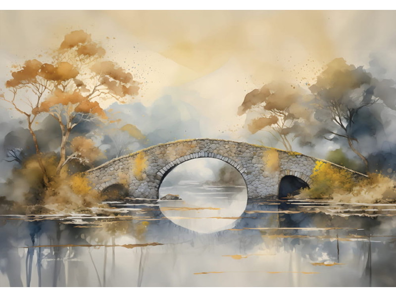 Stone Bridge Over Tranquil River Mural - AI Art Wall Mural for Contemporary Interiors Stone Bridge Over Tranquil River Mural - AI Art Wall Mural for Contemporary Interiors