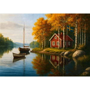 Swedish Autumn Retreat - AI Art Wall Mural for Contemporary Interiors Swedish Autumn Retreat - AI Art Wall Mural for Contemporary Interiors | Wall4Soul