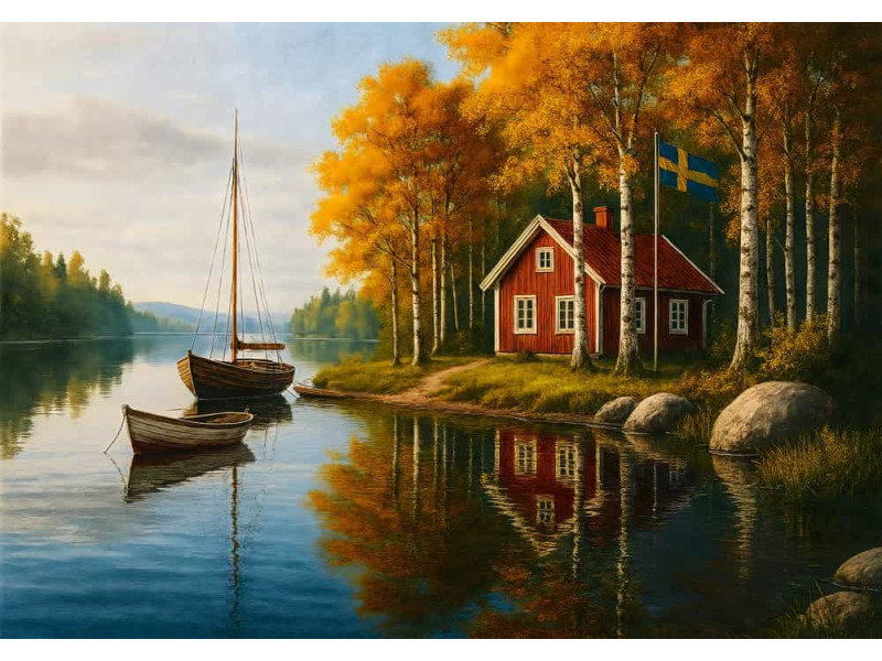 Swedish Autumn Retreat - AI Art Wall Mural for Contemporary Interiors Swedish Autumn Retreat - AI Art Wall Mural for Contemporary Interiors
