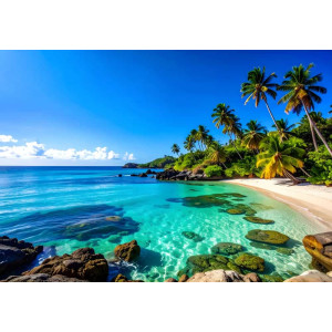 Lush Tropical Beach Lagoon - AI Art Wall Mural for Contemporary Interiors Lush Tropical Beach Lagoon - AI Art Wall Mural for Contemporary Interiors | Wall4Soul