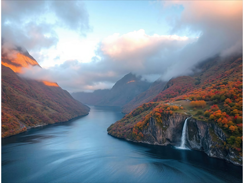 Dramatic Mountain Fjord Sunset Wall Mural Dramatic Mountain Fjord Sunset Wall Mural