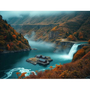 Scenic Fjord Waterfall Cabin Wall Mural | Wall4Soul