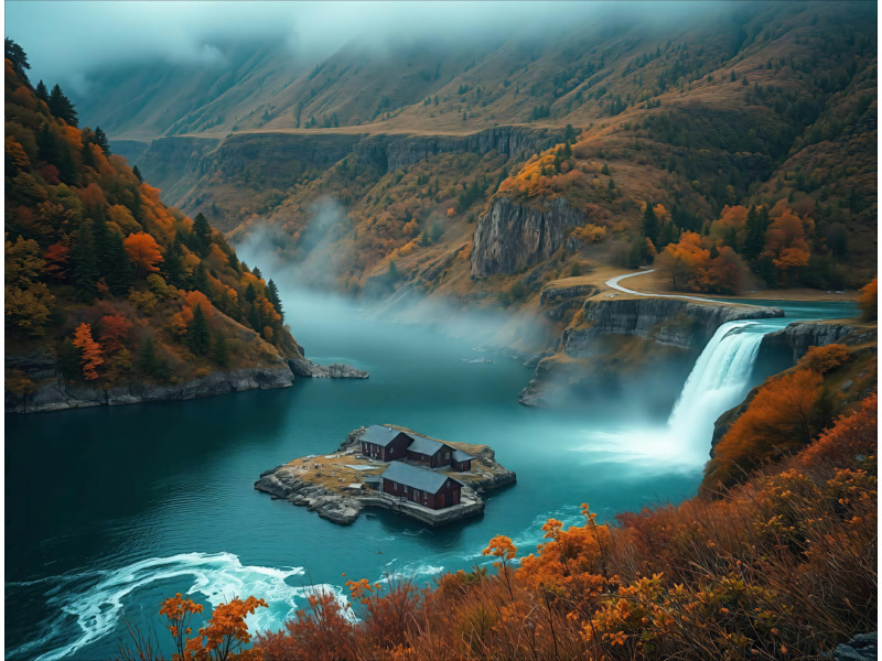 Scenic Fjord Waterfall Cabin Wall Mural Scenic Fjord Waterfall Cabin Wall Mural