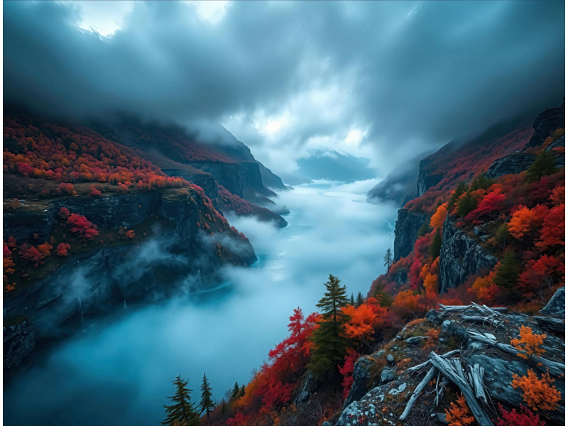 Foggy Mountain Fjord Panorama Wall Mural