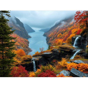 Vibrant Autumn Fjord Waterfall Wall Mural | Wall4Soul