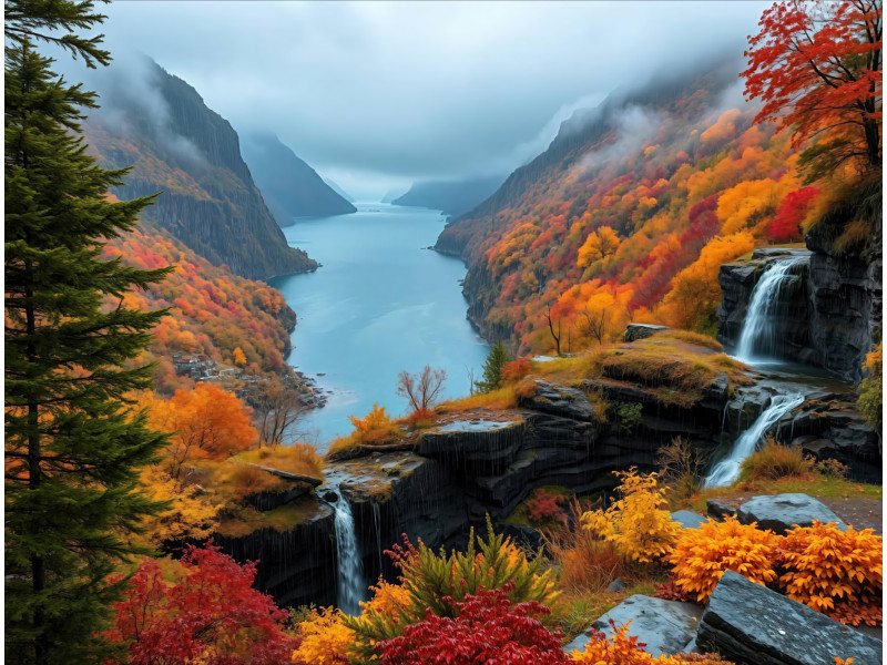 Vibrant Autumn Fjord Waterfall Wall Mural Vibrant Autumn Fjord Waterfall Wall Mural
