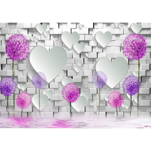 3D Hearts & Dandelions on Brick - Classic Wall Mural for Modern Interiors | Wall4Soul