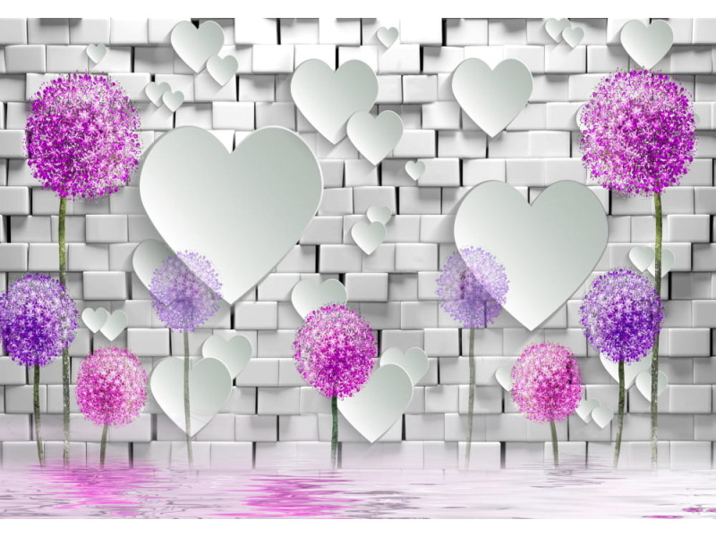 3D Hearts & Dandelions on Brick - Classic Wall Mural for Modern Interiors 3D Hearts & Dandelions on Brick - Classic Wall Mural for Modern Interiors