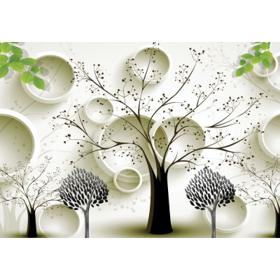3D Chinese Style Trees & Circles - Classic Wall Mural for Modern Interiors