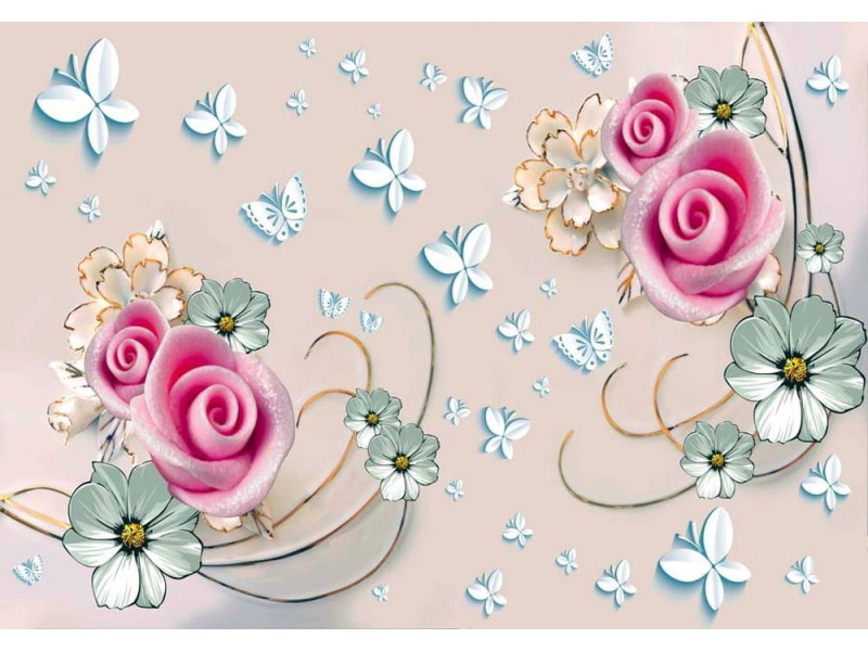 3D Soft Flowers on Beige - Classic Wall Mural for Modern Interiors 3D Soft Flowers on Beige - Classic Wall Mural for Modern Interiors