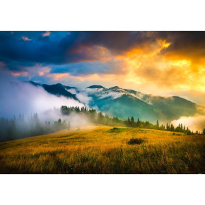 Mountain Landscape with Fog & Haystack - Classic Wall Mural for Modern Interiors | Wall4Soul