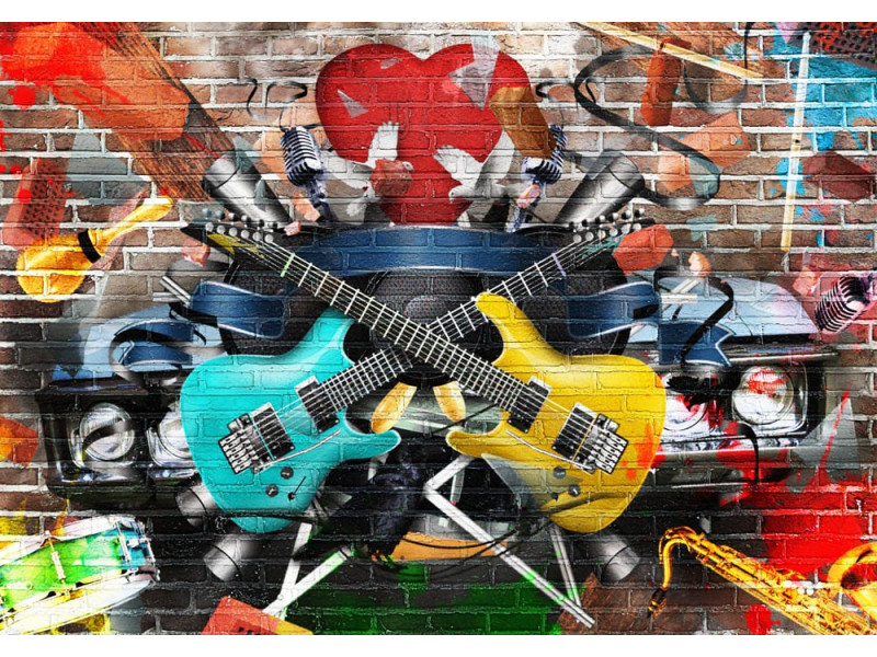 Music & Colors Brick Wall Collage - Classic Wall Mural for Modern Interiors Music & Colors Brick Wall Collage - Classic Wall Mural for Modern Interiors