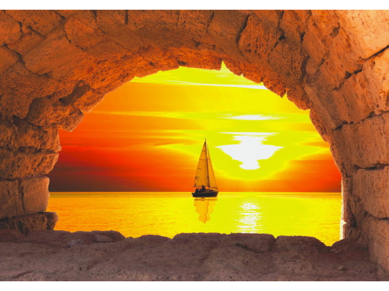 Sailing Boat at Sunset - Classic Wall Mural for Modern Interiors Sailing Boat at Sunset - Classic Wall Mural for Modern Interiors